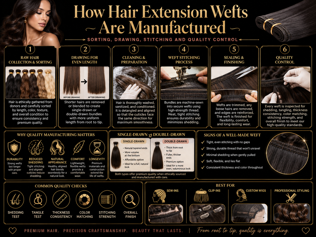 How Hair Extension Wefts Are Manufactured: Sorting, Drawing, Stitching and Quality Control