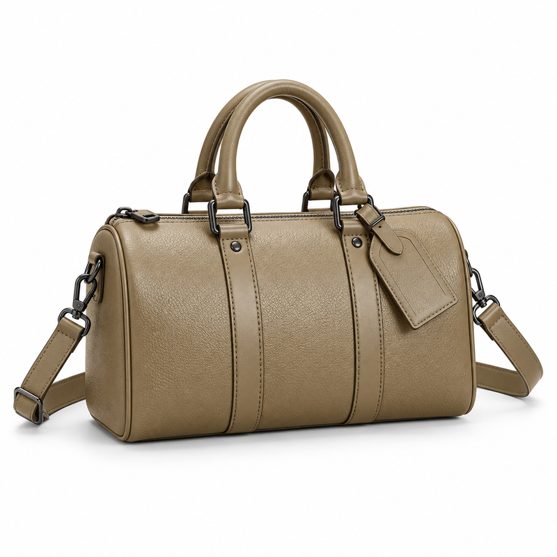 Khaki Textured Boston Bag With Strap-1