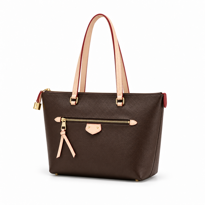 Elegant Brown Zip Detail Tote Handbag-3