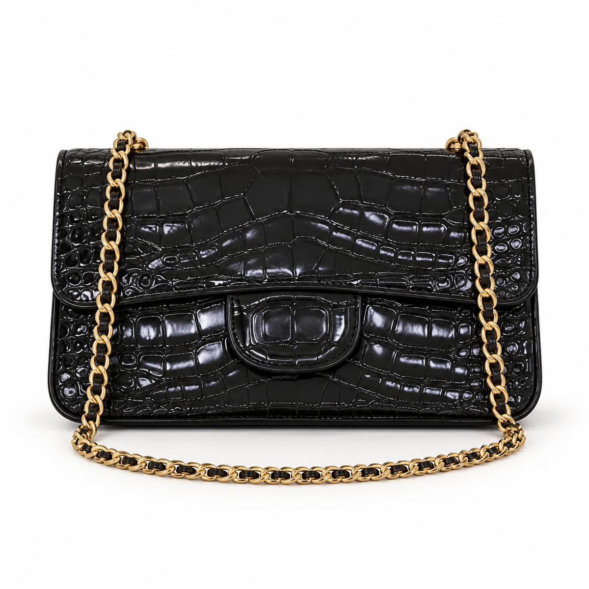 Black Crocodile Embossed Chain Crossbody Bag-4