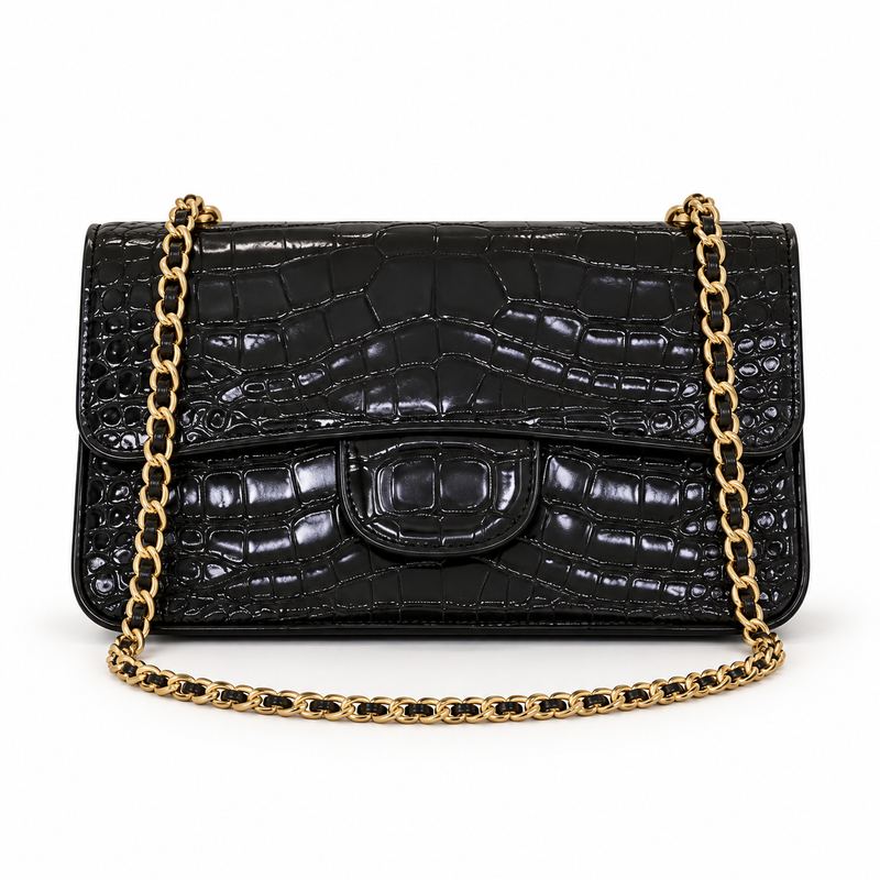 Black Crocodile Embossed Chain Crossbody Bag-4