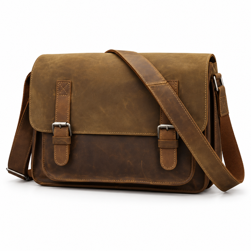 Vintage Brown Messenger Bag With Buckles-3