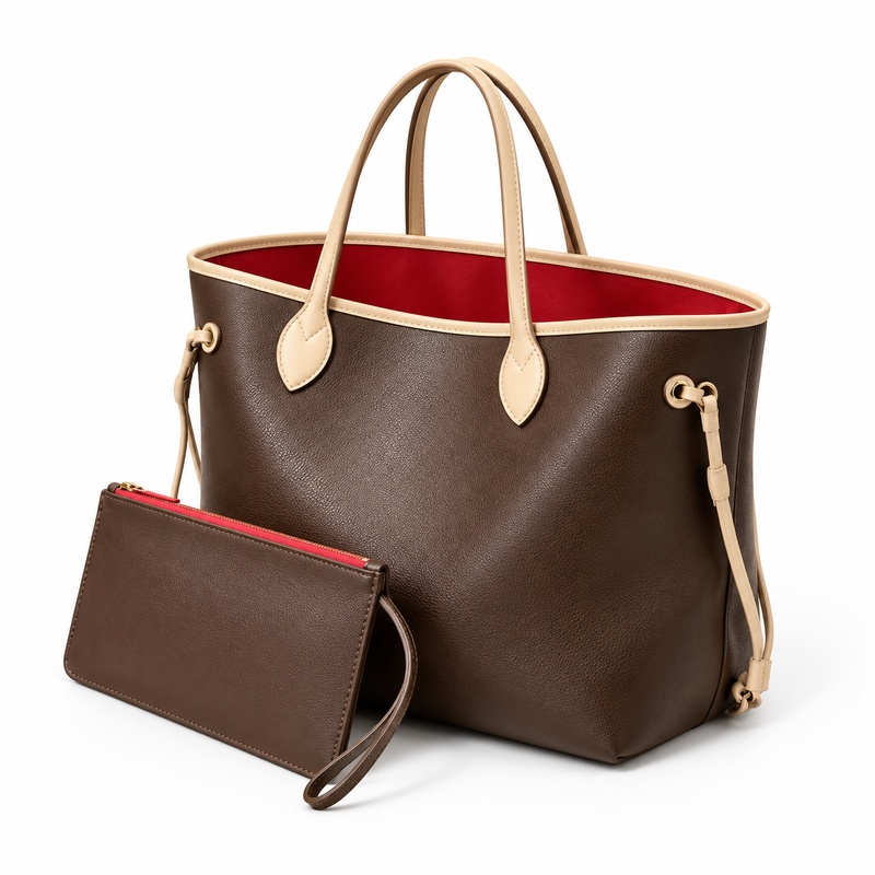 Chocolate Brown Leather Canvas Tote Bag-3