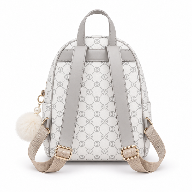 Elegant White Monogram Backpack With PomPom-2