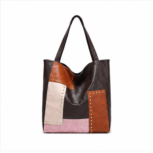 Patchwork Studded Leather Shoulder Tote Bag