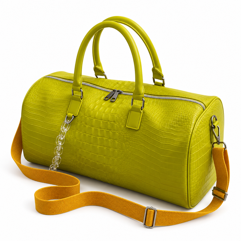 Chartreuse Crocodile Embossed Leather Duffel Bag-3