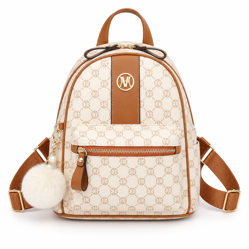 Cream Monogram Backpack With Tan Trim-4
