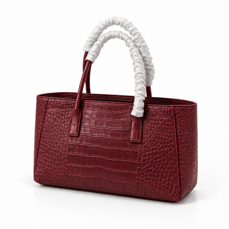 Burgundy Croc Textured Structured Tote Handbag-3