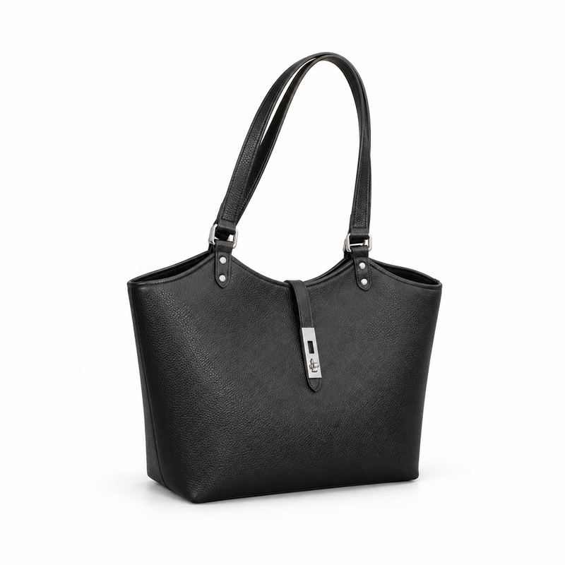 Elegant Black Textured Leather Shoulder Tote-1