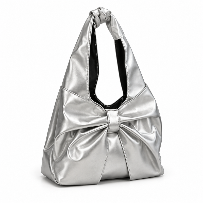 Metallic Bow Knot Silver Shoulder Bag-1