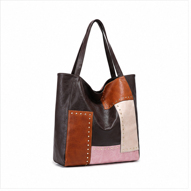 Patchwork Studded Leather Shoulder Tote Bag