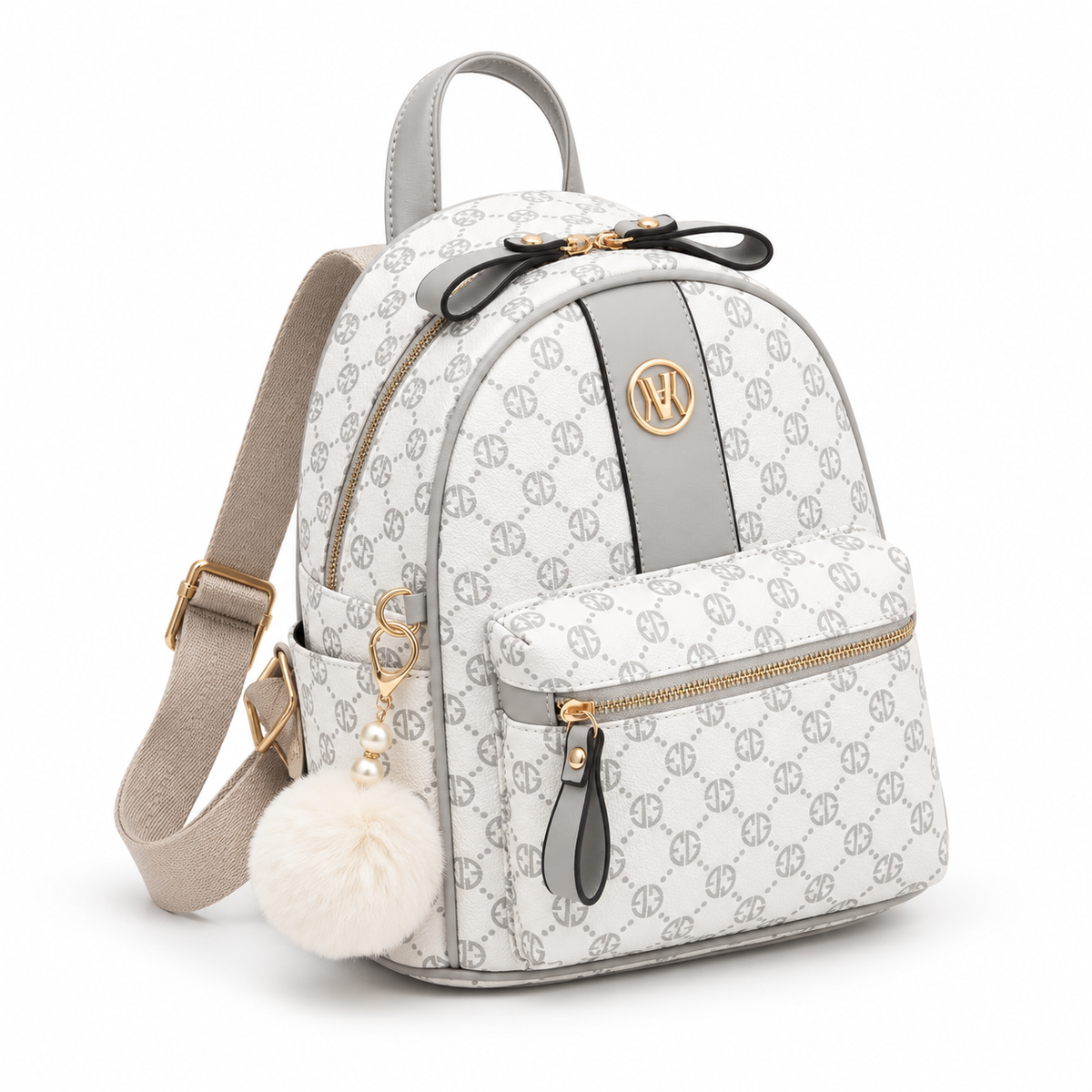 Elegant White Monogram Backpack With PomPom-1