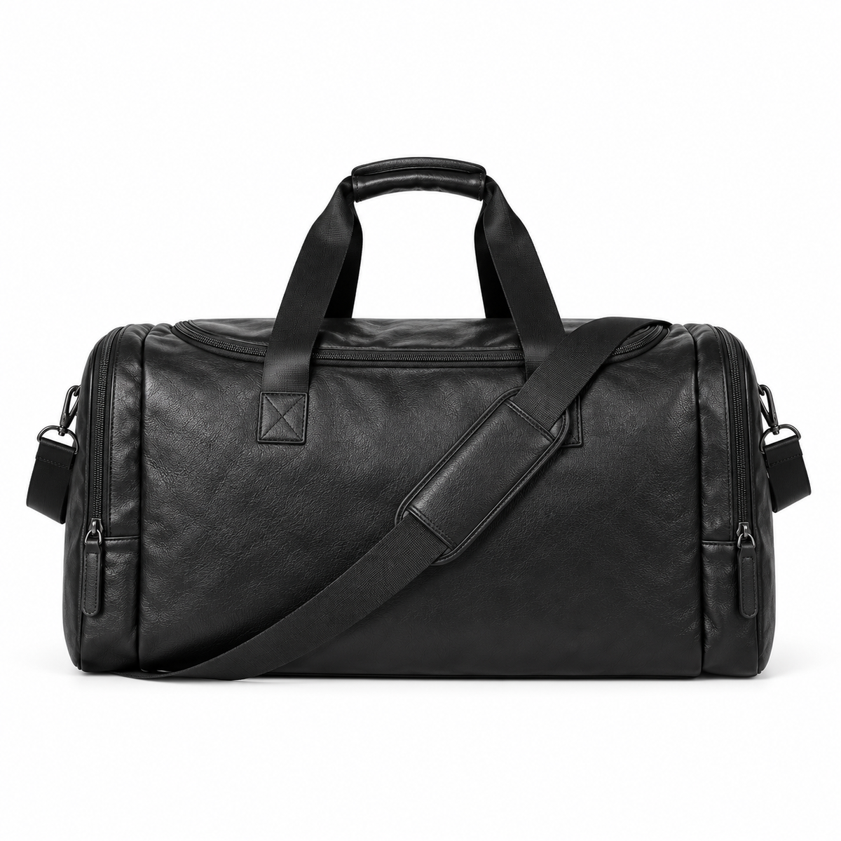 Classic Black Leather Travel Duffel Bag