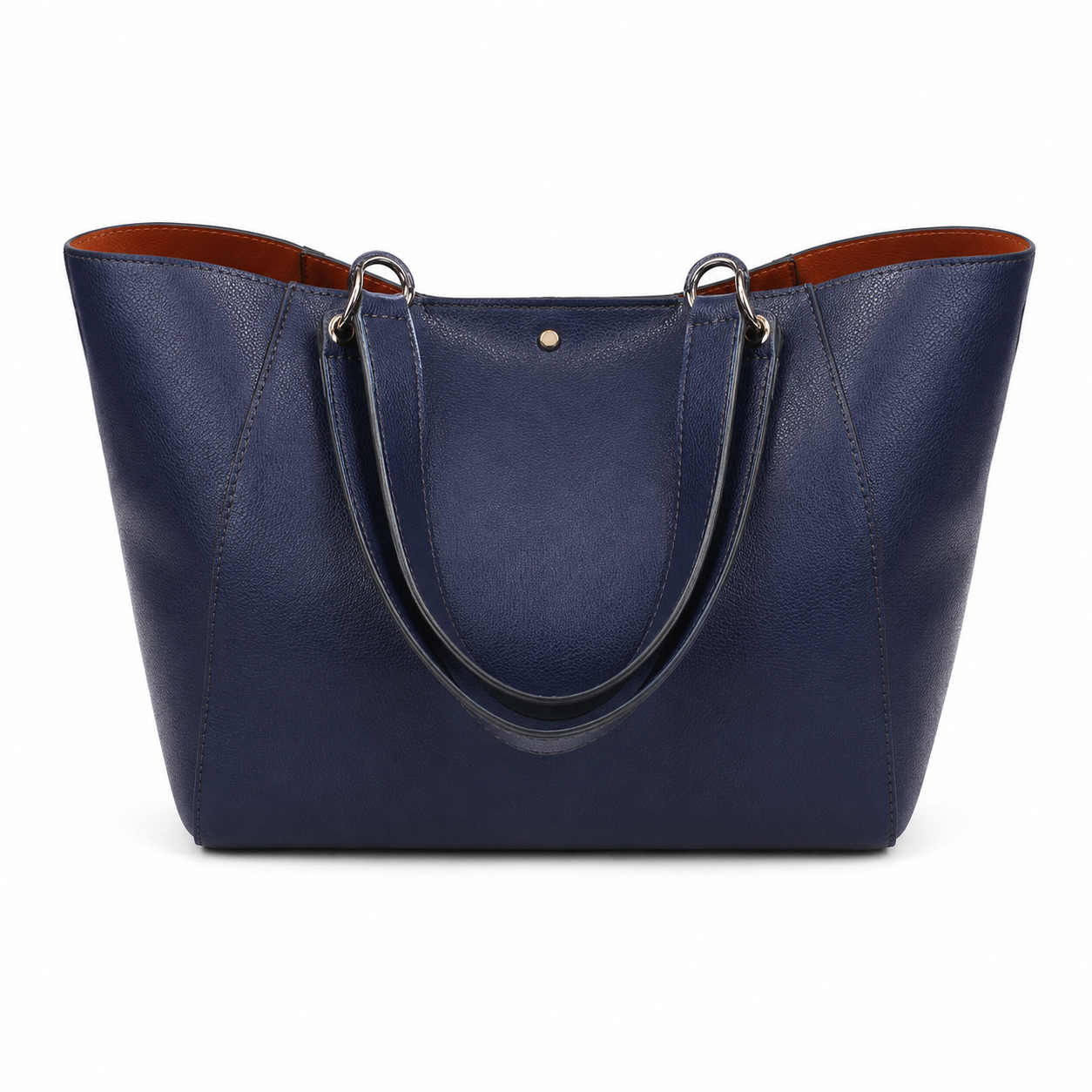 Navy Blue Structured Tote Handbag with Brown Interior-3