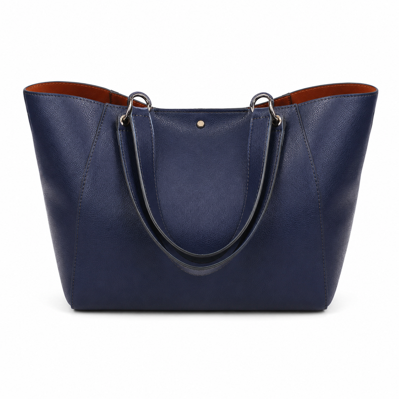 Navy Blue Structured Tote Handbag with Brown Interior-3