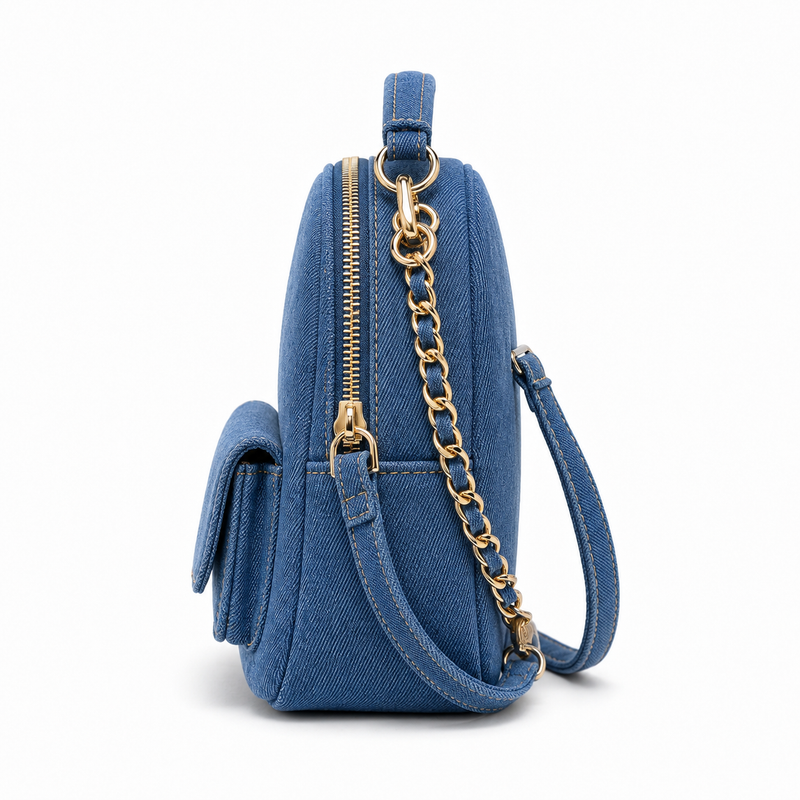 Blue Denim Mini Backpack Handbag with Gold Chain Strap-4