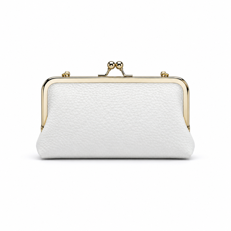 White Pebbled Leather Kiss-Lock Clutch Purse-4