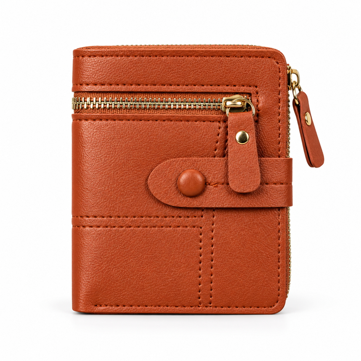 Cognac Compact Wallet With Zipper Pockets-4