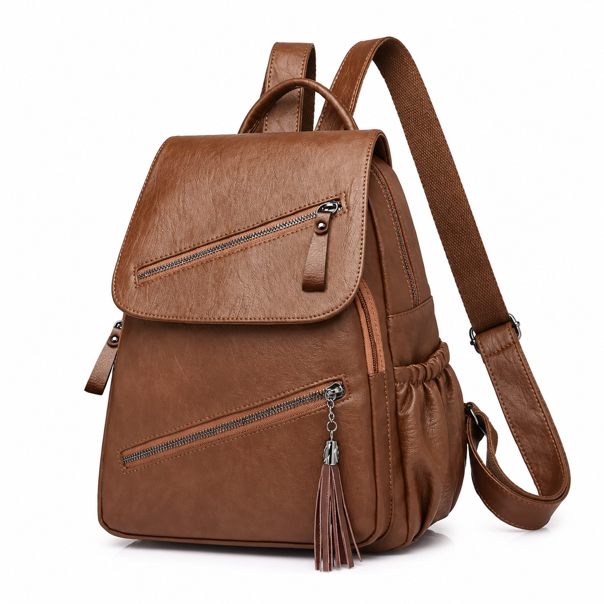 Brown Textured Backpack With Tassel Detail-3