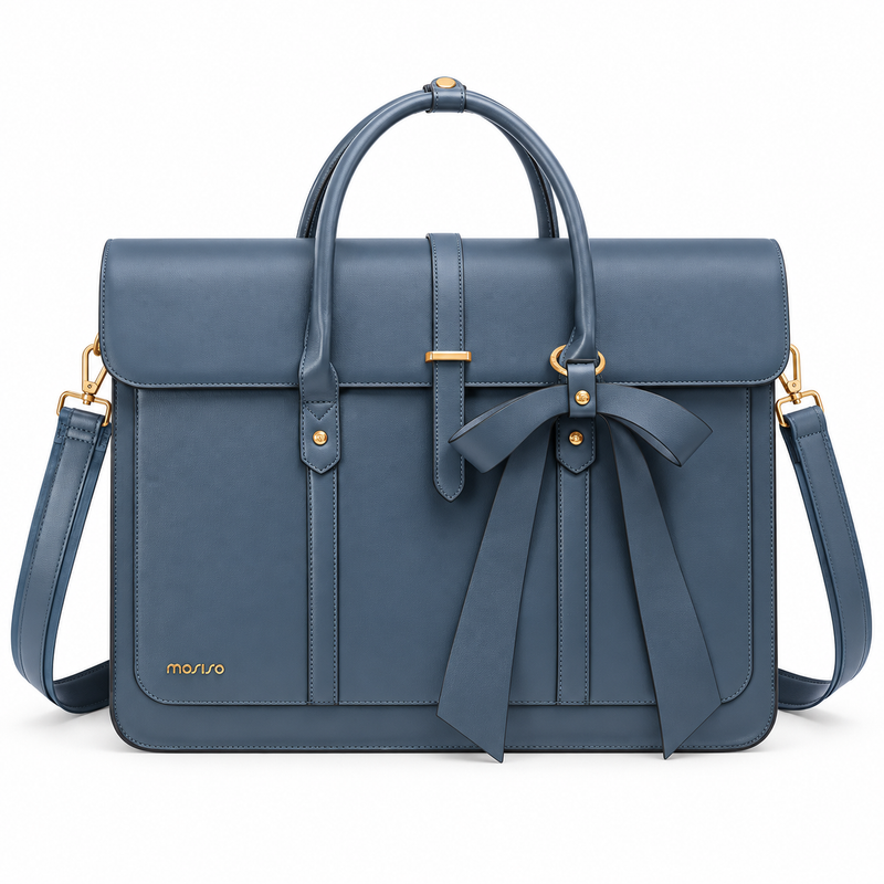 Slate Blue Bow Leather Laptop Bag-4