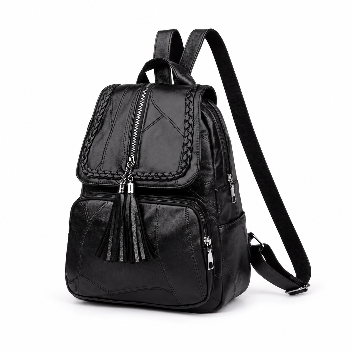 Black Braided Trim Tassel Fashion Backpack-3
