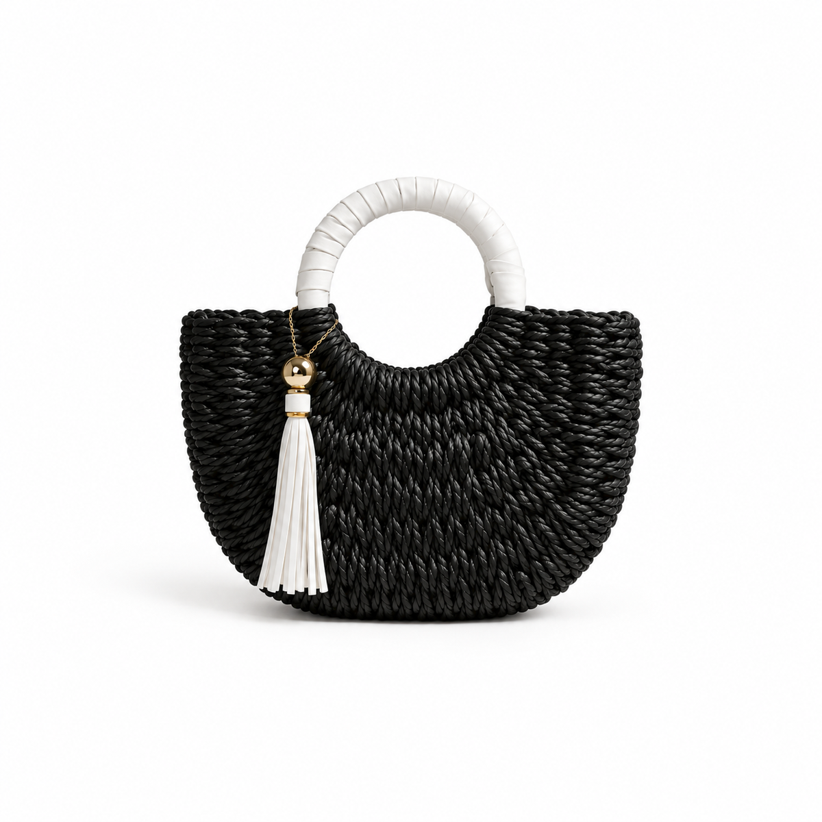 Black Woven Tassel Round Handle Handbag-2