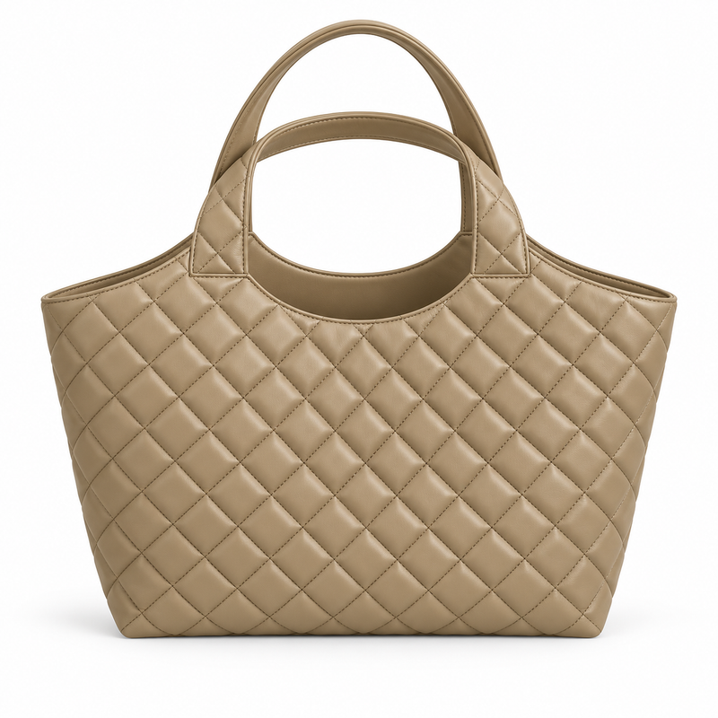 Khaki Quilted Vegan Leather Tote Bag-2