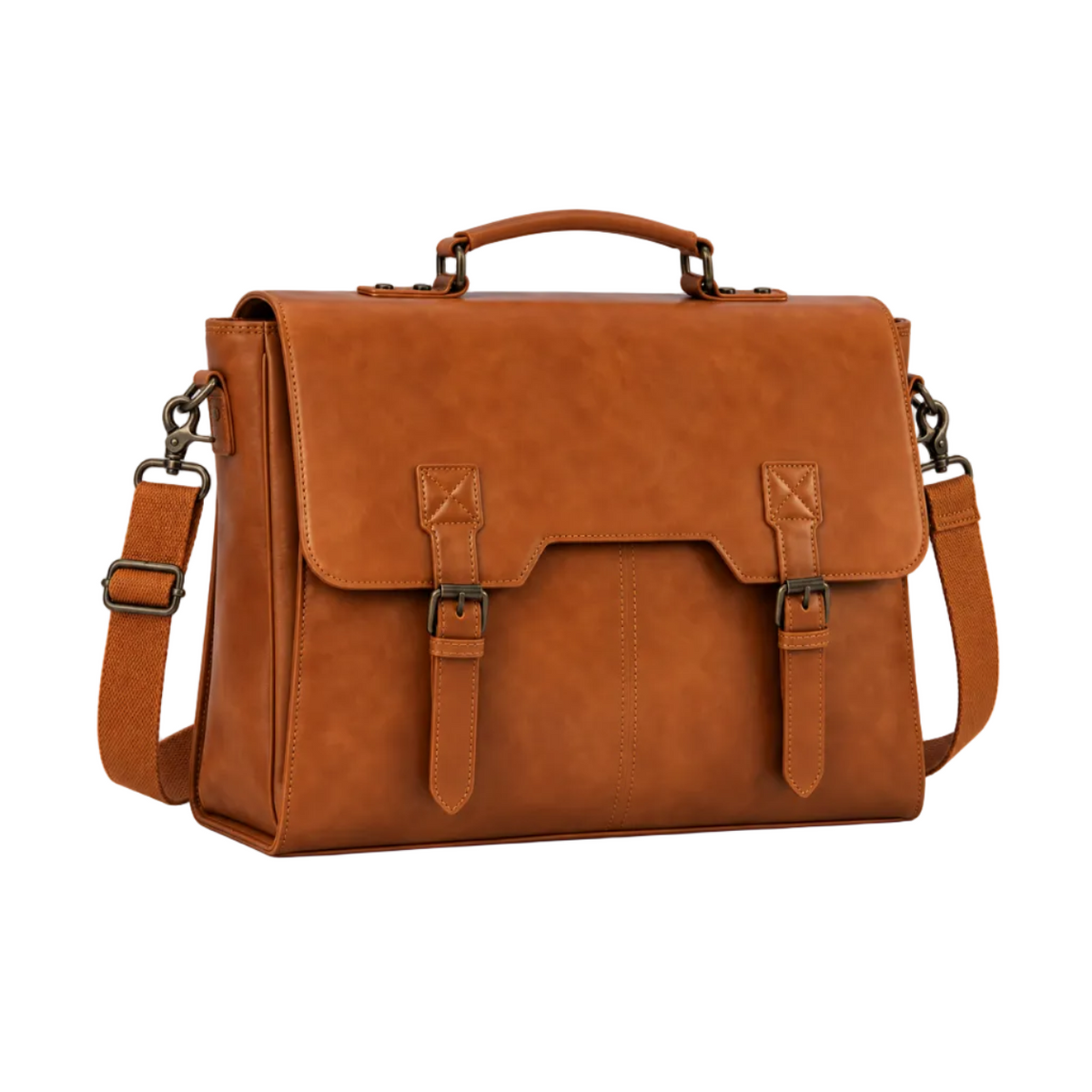 Classic Cognac Leather Briefcase With Buckles