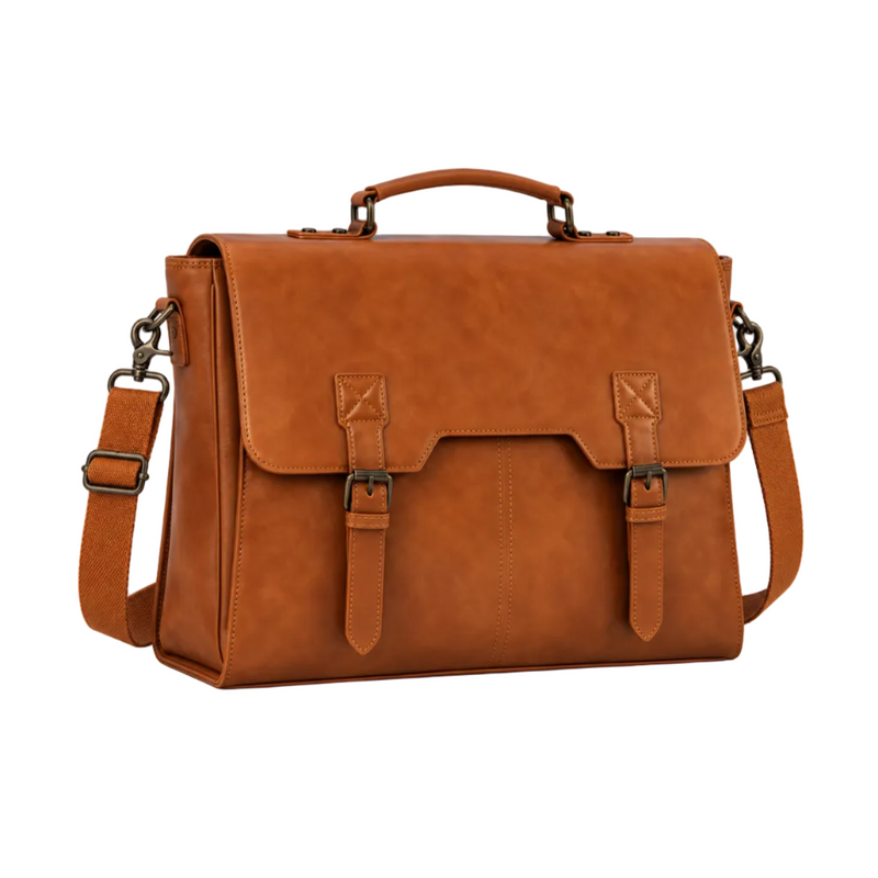 Classic Cognac Leather Briefcase With Buckles-1