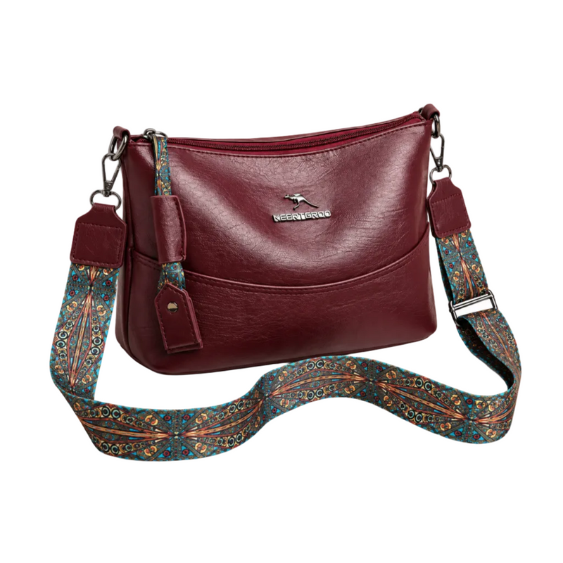 Burgundy Crossbody Bag With Patterned Strap-1