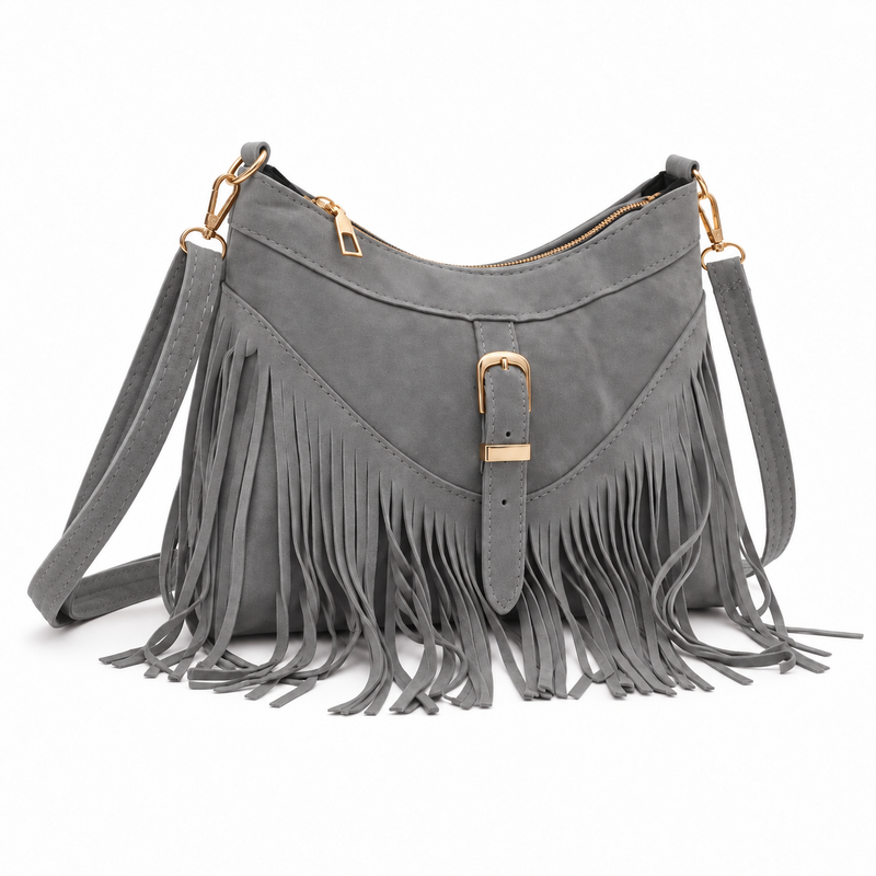 Vintage Grey Bohemian Fringe Shoulder Bag-1