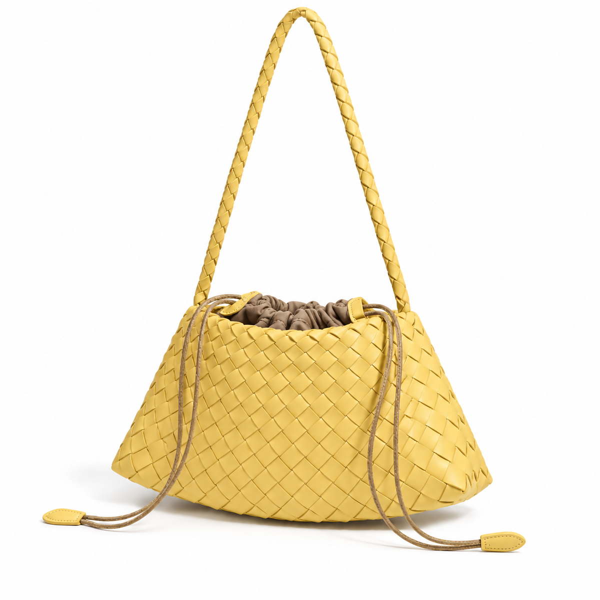 Yellow Woven Drawstring Braided Shoulder Bag-2