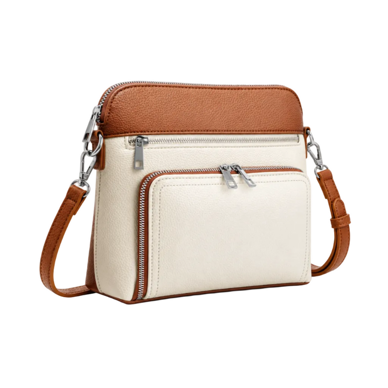 Cream And Brown Zippered Crossbody Bag-1