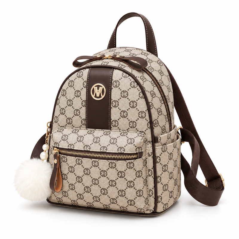 Elegant Monogram Backpack With PomPom Charm-3