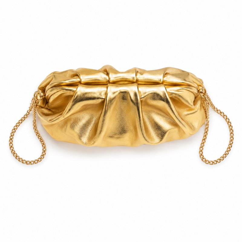 Title: Metallic Gold Ruched Clutch Bag with Chain Strap-2