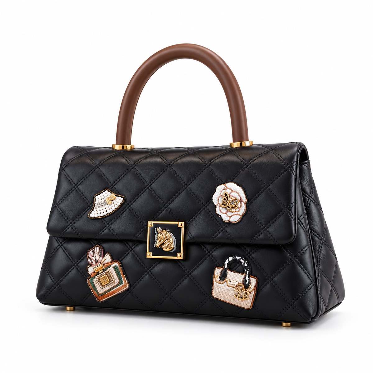 Black Quilted Leather Satchel With Embellishments-3