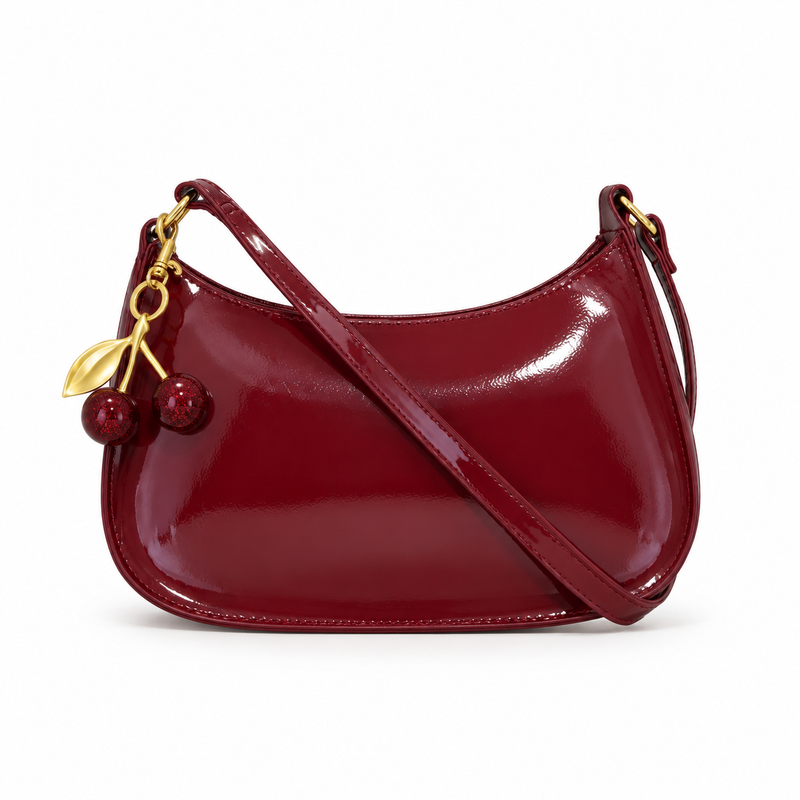 Glossy Burgundy Cherry Charm Shoulder Bag-2