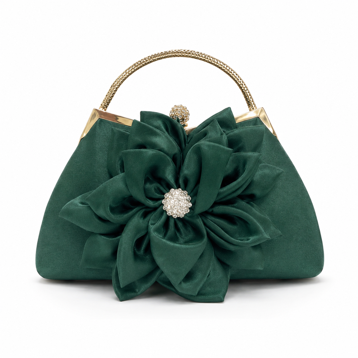 Emerald Green Floral Satin Evening Handbag with Crystal Detail-1
