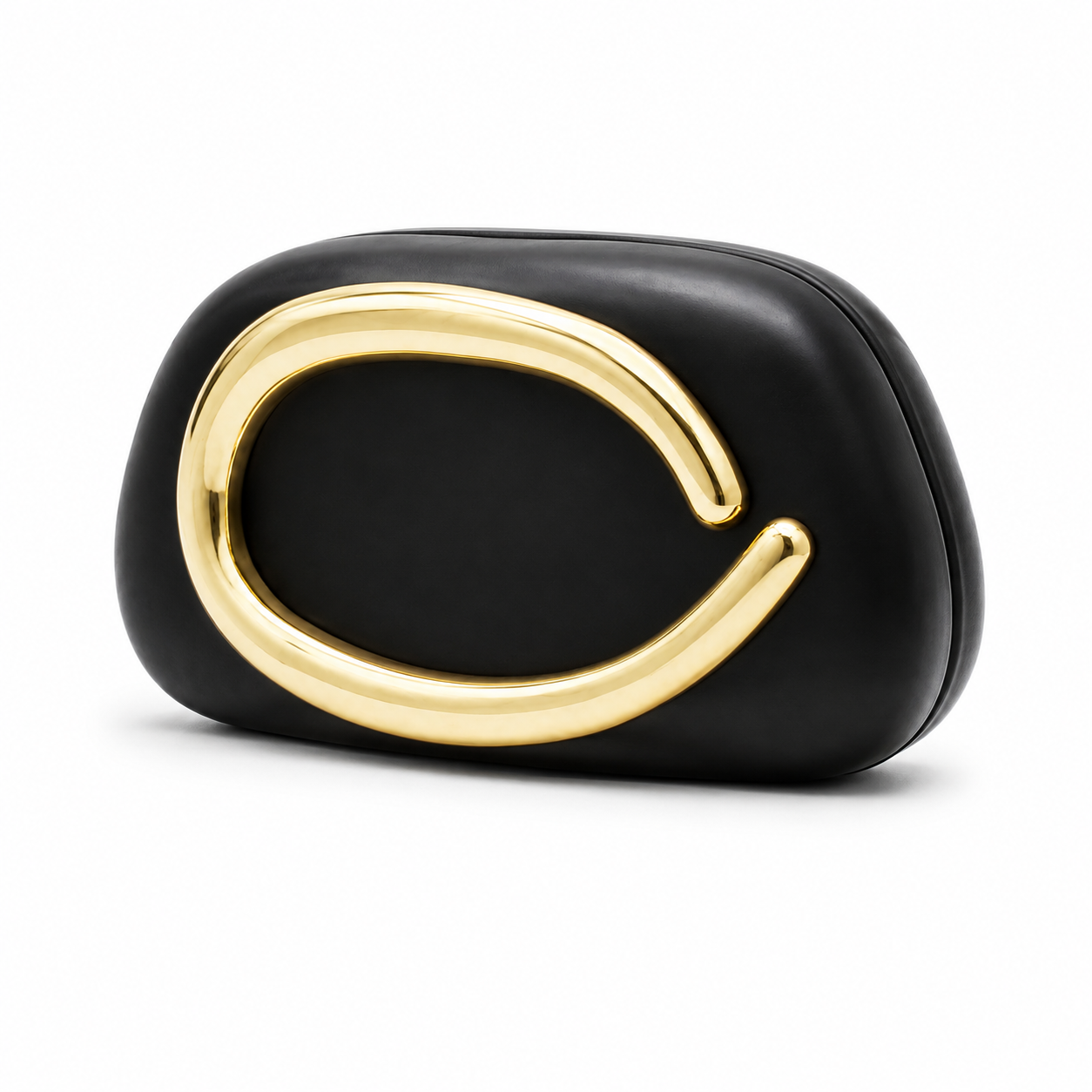 Black Sculptural Evening Clutch with Gold Oval Handle-3