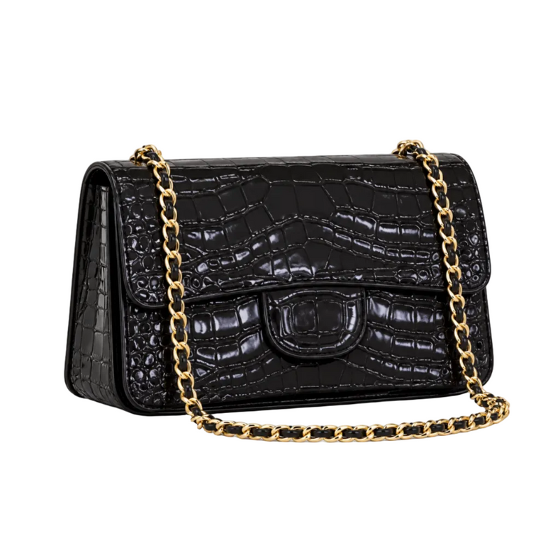 Black Crocodile Embossed Chain Crossbody Bag-1
