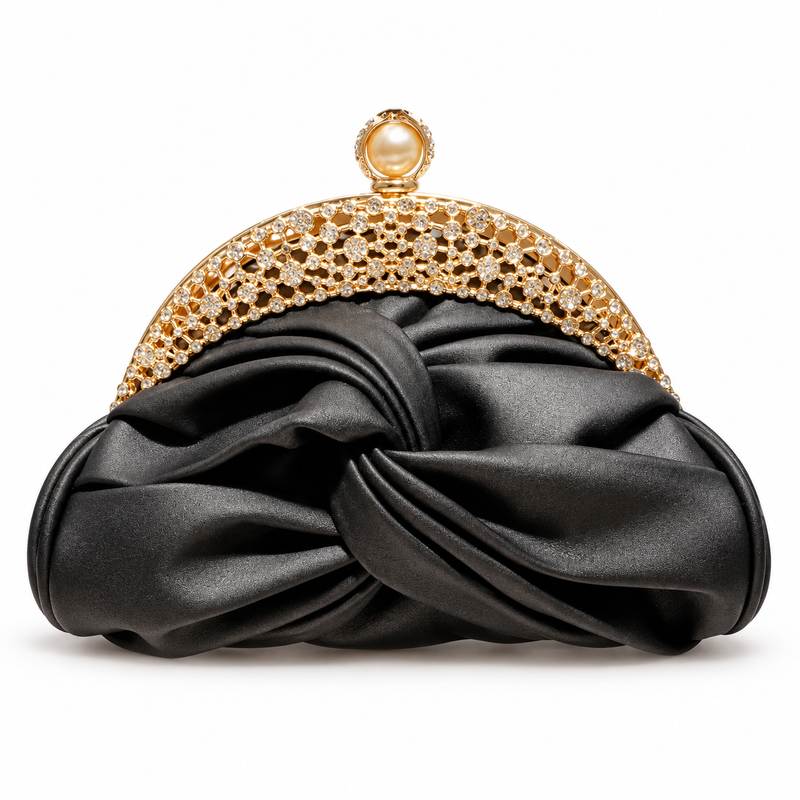Black Ruched Crystal Frame Evening Clutch-4