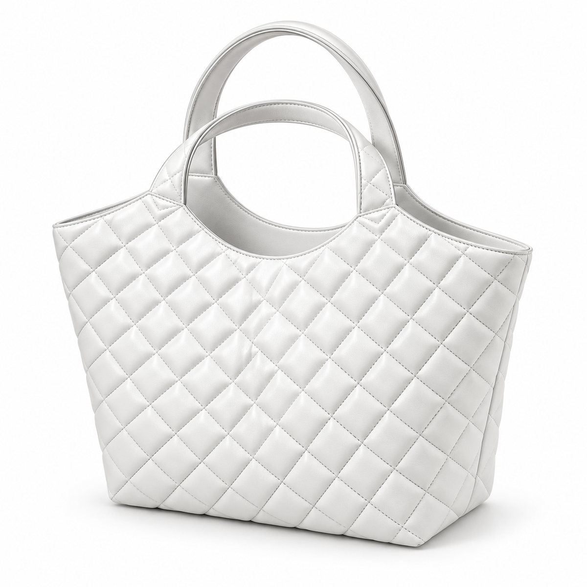White Quilted Vegan Leather Tote Bag-2