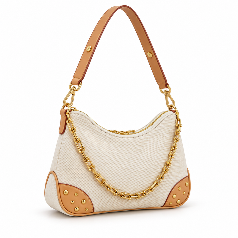 Cream Textured Shoulder Bag With Chain-1