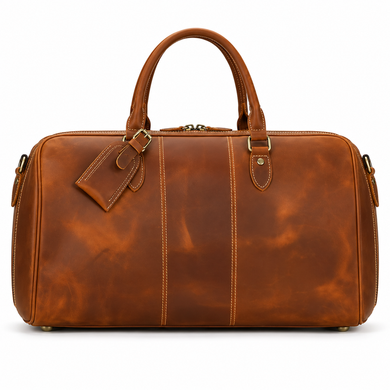 Classic Cognac Leather Travel Duffel Bag-2
