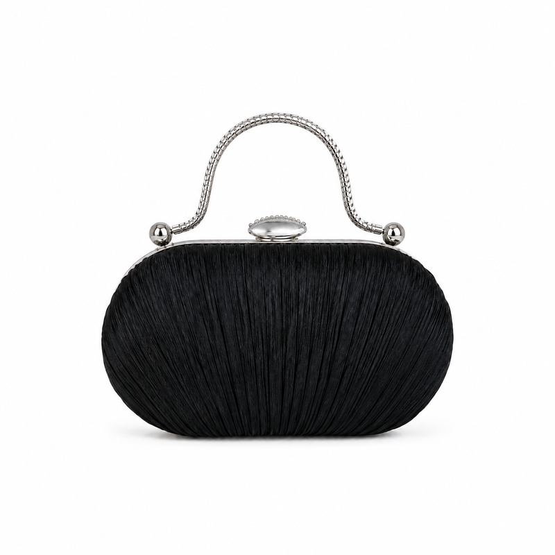 Black Pleated Clutch with Silver Handle-4