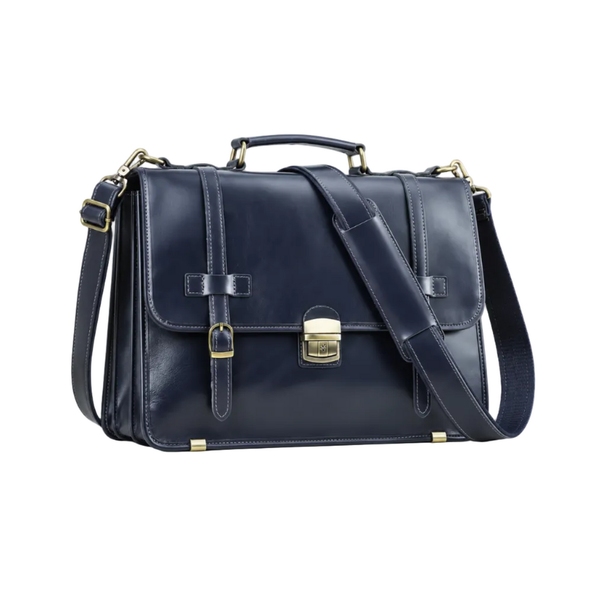 Classic Navy Leather Briefcase Shoulder Bag