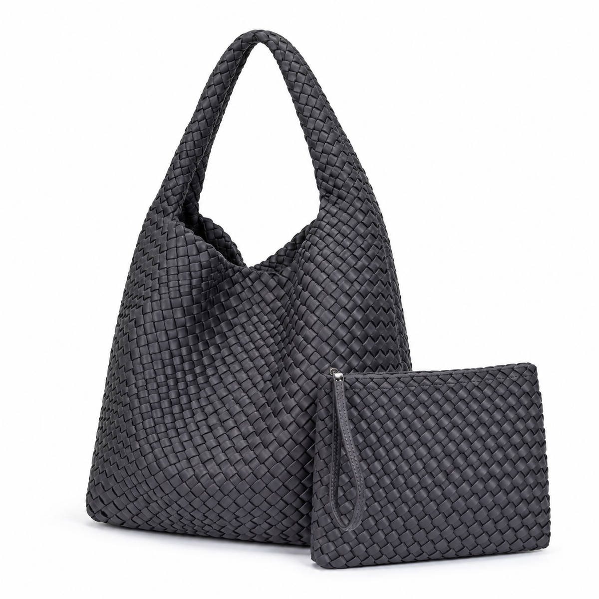 Charcoal Woven Hobo Bag With Pouch-3