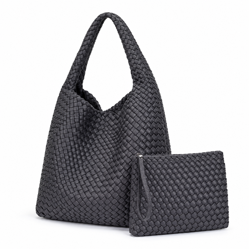 Charcoal Woven Hobo Bag With Pouch-3
