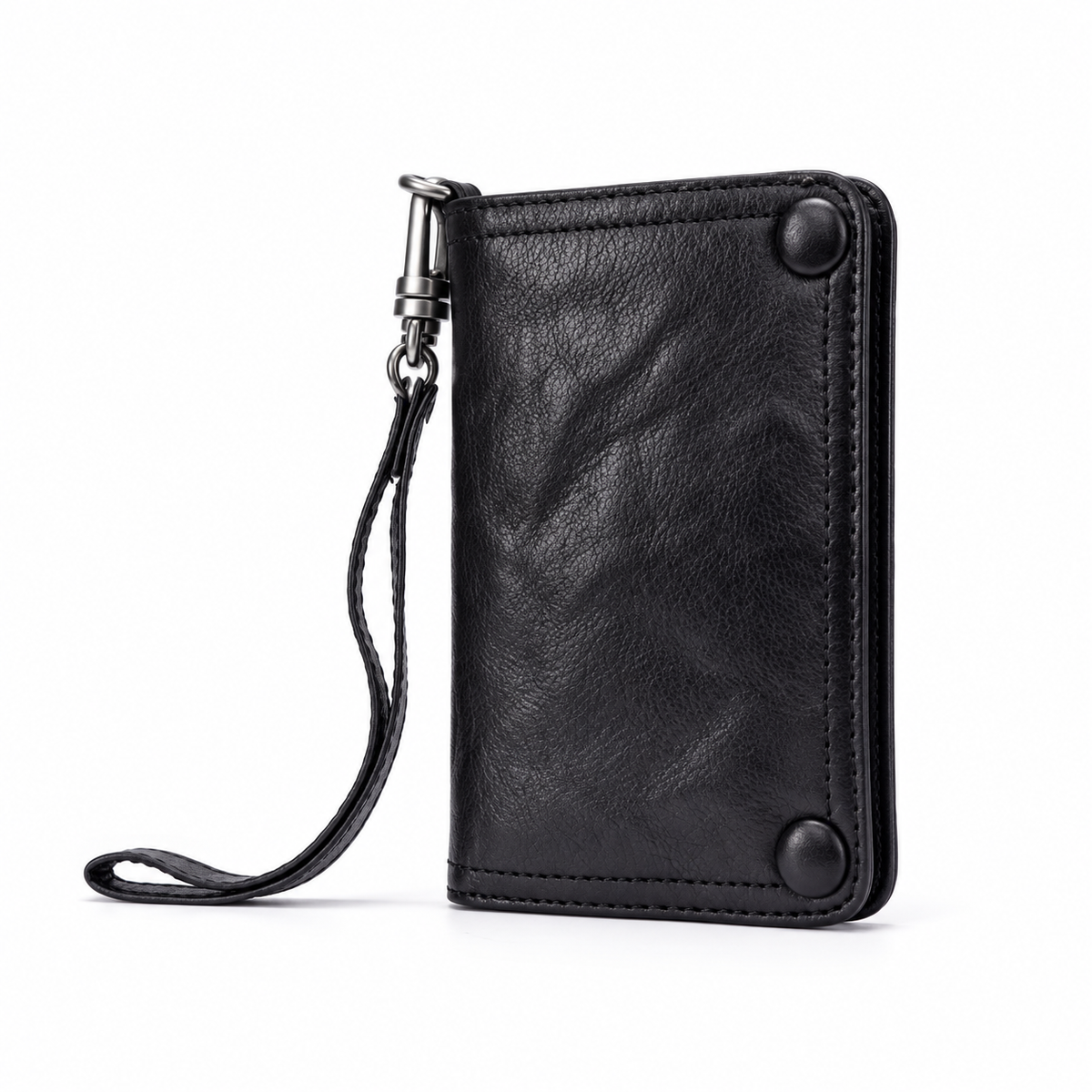 Classic Black Leather Wallet With Wristlet-2