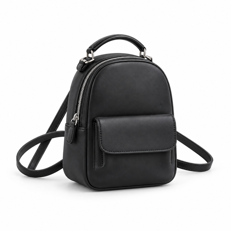 Black Vegan Leather Mini Backpack Bag-1